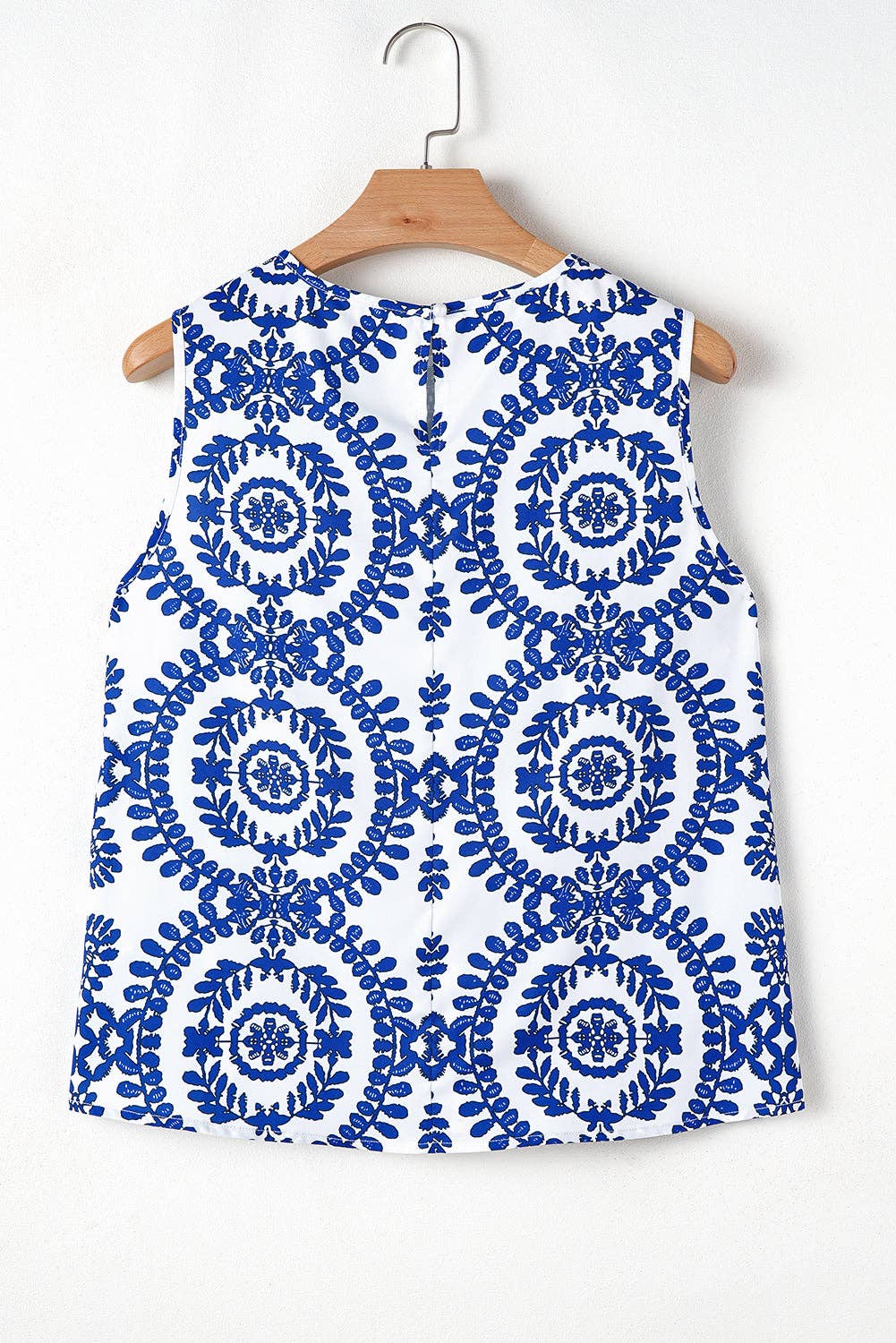 Blue White Vintage Print Pintuck Sleeveless Tank Top