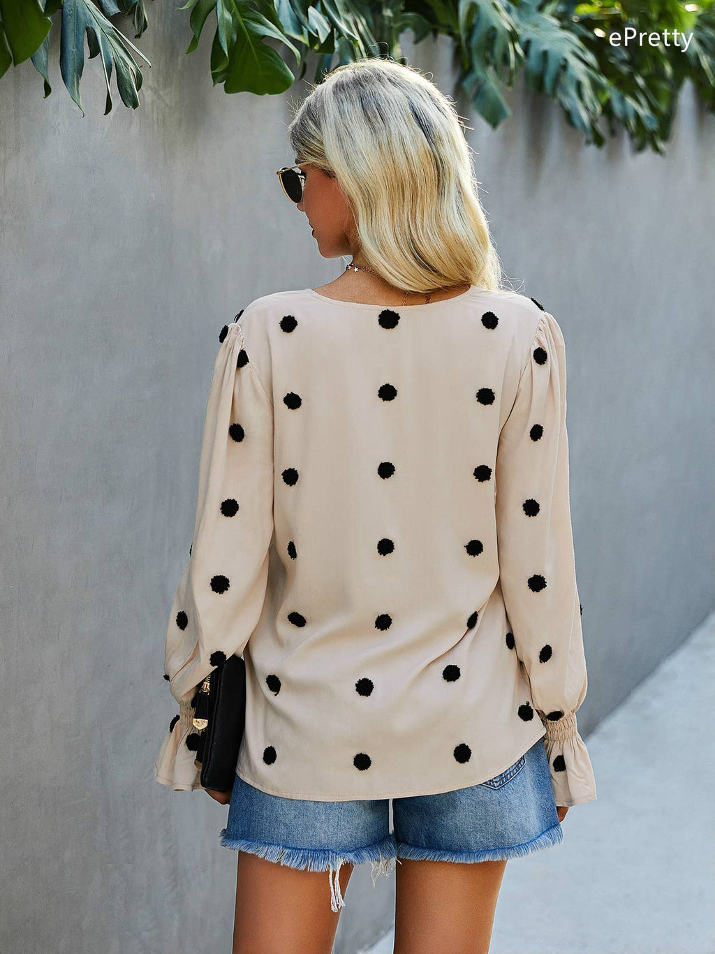 SZ1-TP3171 Pom Detail Button Long Sleeve Blouse
