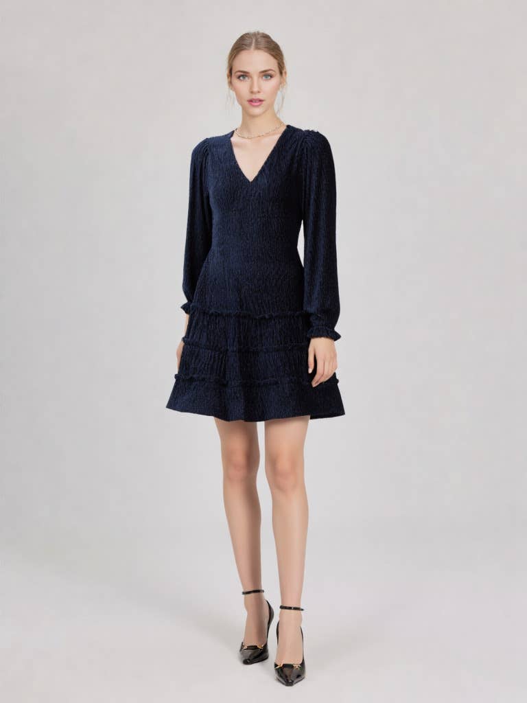 ND31004-Deep V-neck Textured Velvet Holiday Mini Dress