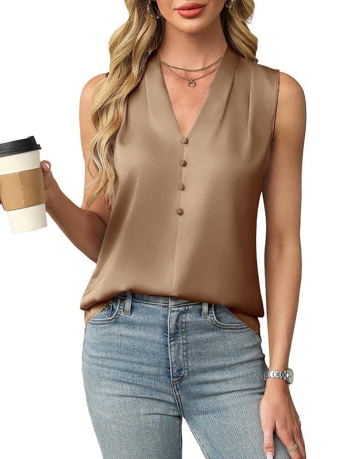 Women's Satin Sleeveless Office Blouse with Pleats