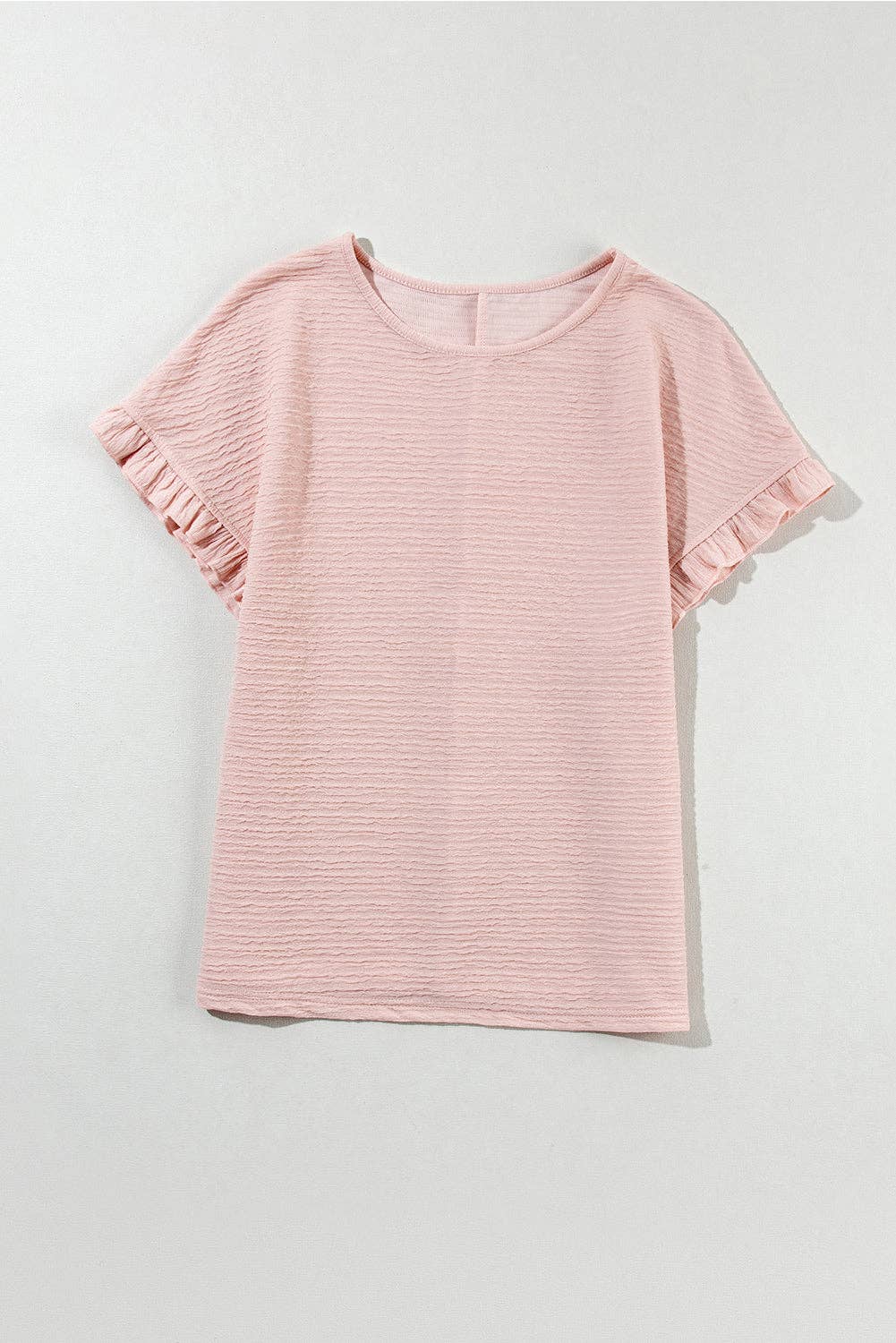 Light Pink Textured Ruffle Sleeve Crew Neck Blouse