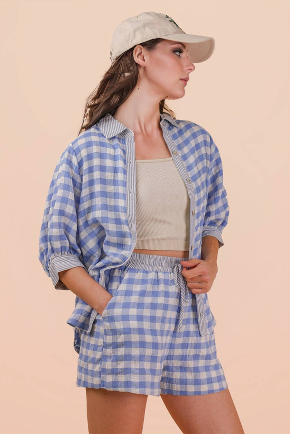 NT12452SET-Checkered Shirt Top & Shorts Set