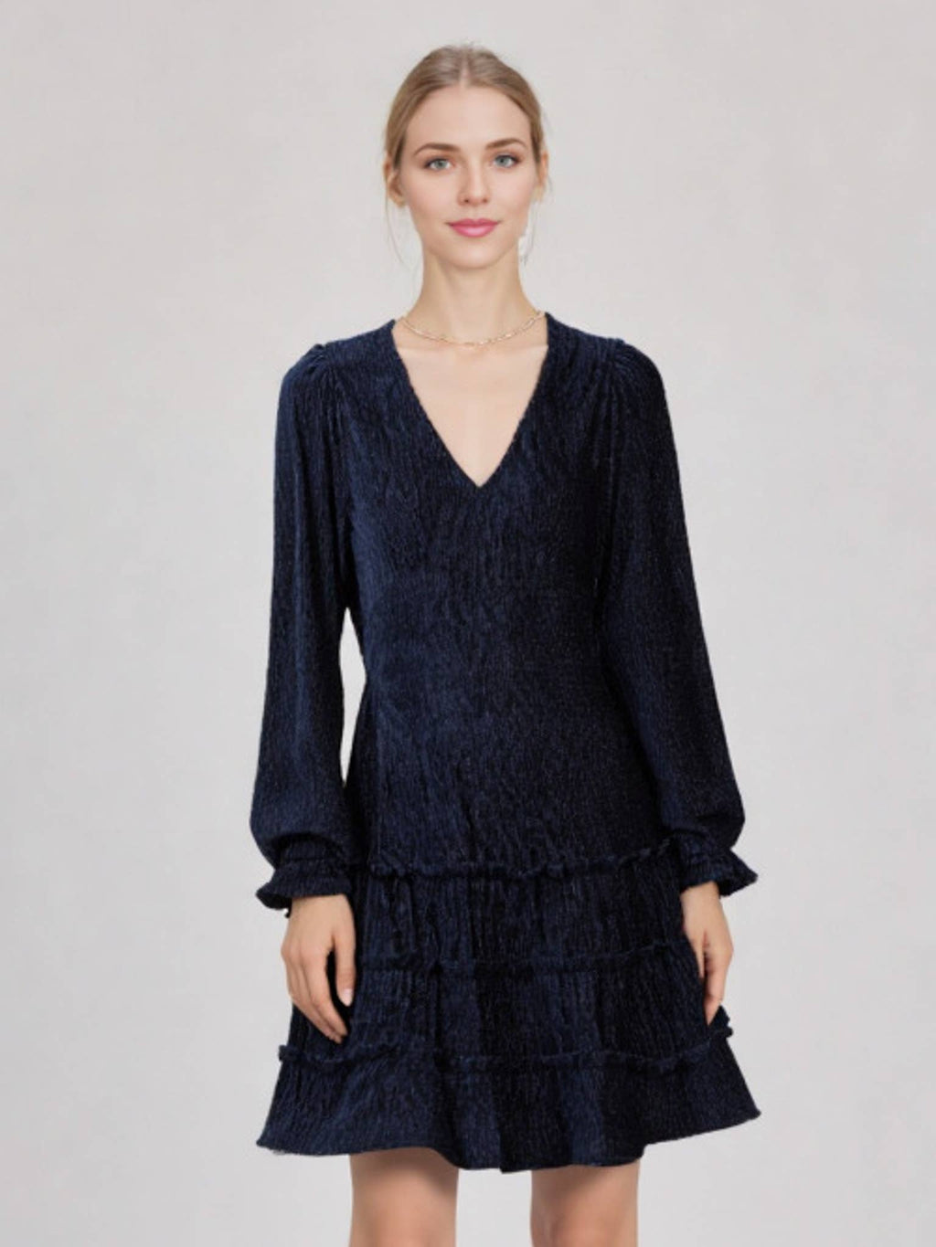 ND31004-Deep V-neck Textured Velvet Holiday Mini Dress