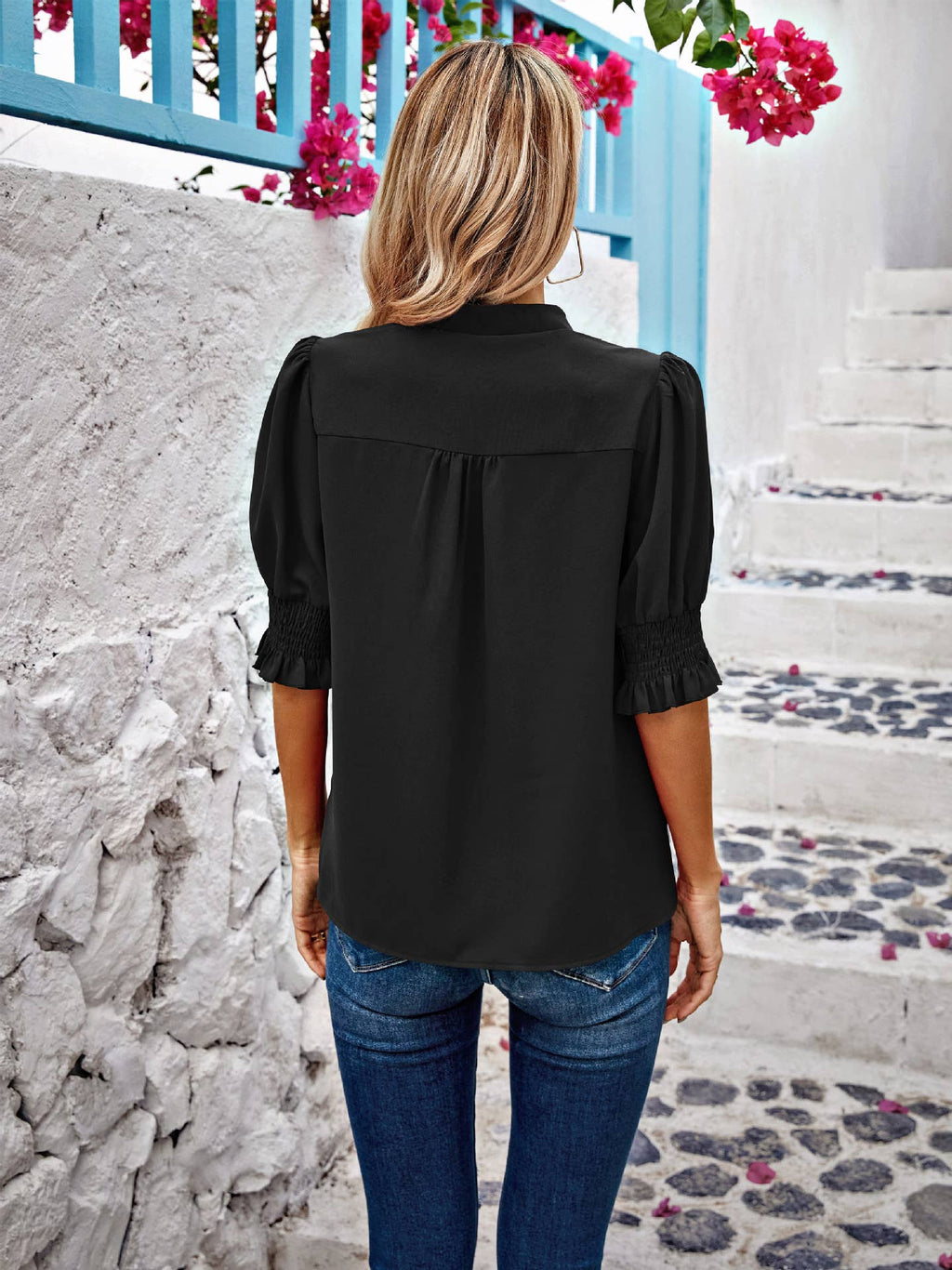Half Sleeve Pleated V Neck Blouse SZ1-TP7021