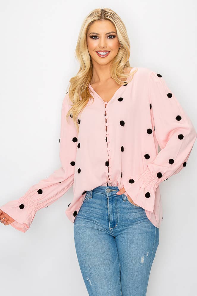 SZ1-TP3171 Pom Detail Button Long Sleeve Blouse
