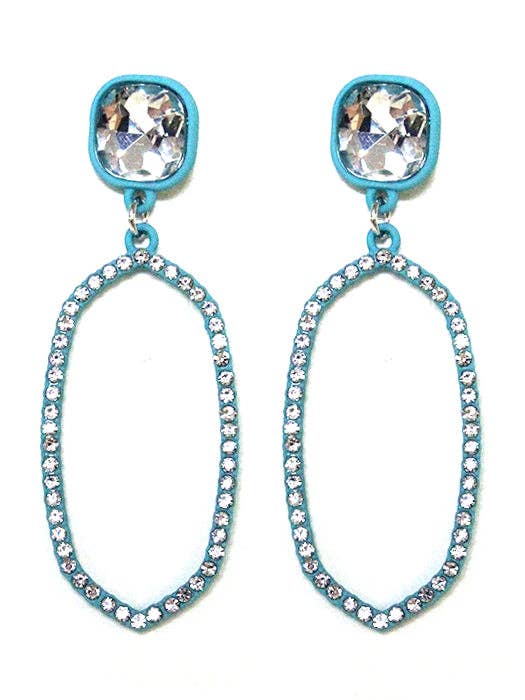 VE2888 Iridescent Post Rhinestone Oval Dangle Earrings