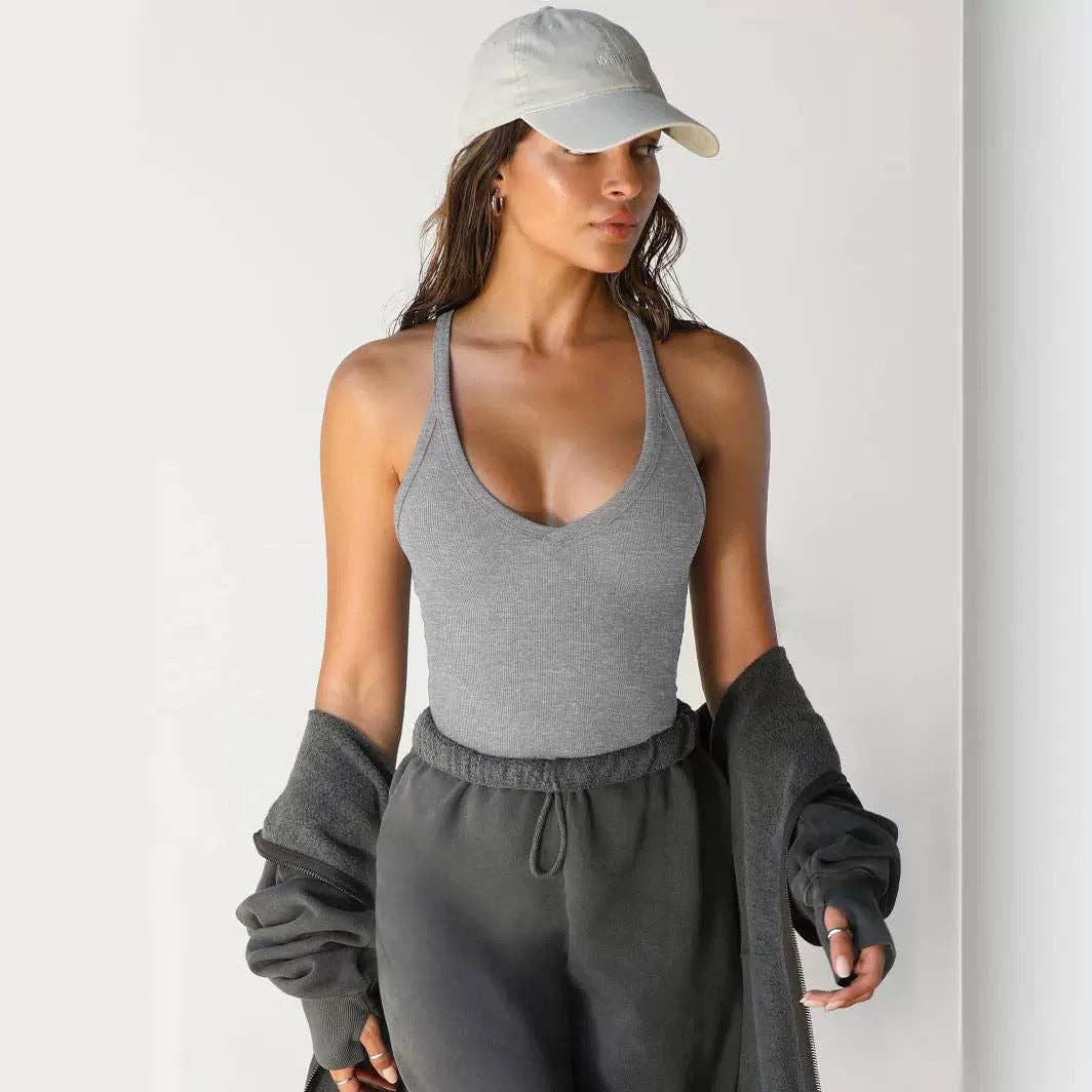 Ribbed Halter Tank Top Slim Fit Sleeveless Basic