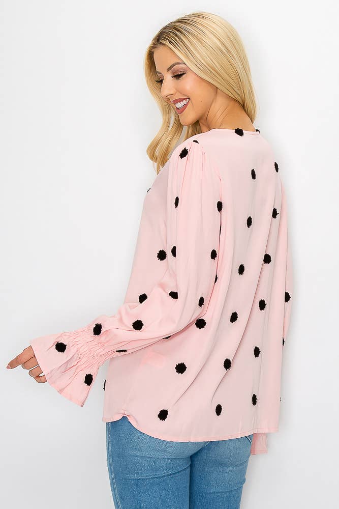SZ1-TP3171 Pom Detail Button Long Sleeve Blouse