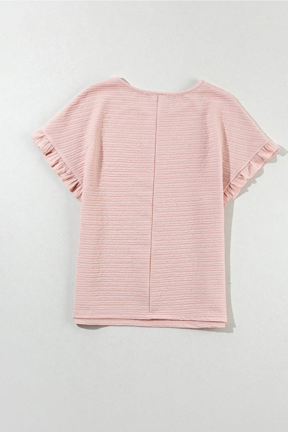 Light Pink Textured Ruffle Sleeve Crew Neck Blouse