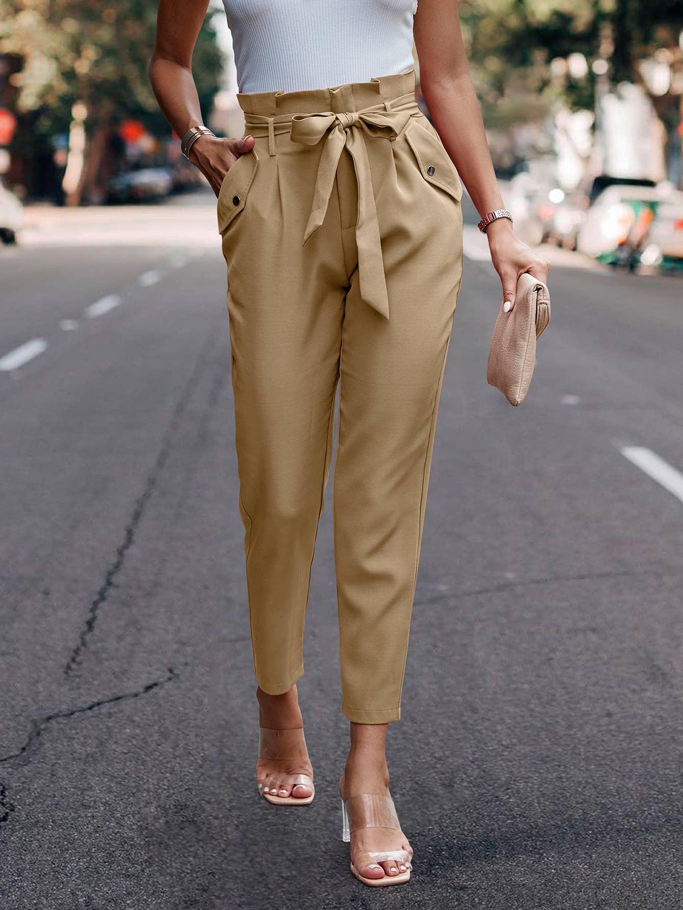 SZ1-P6016 Paperbag Trouser Pants with Button details