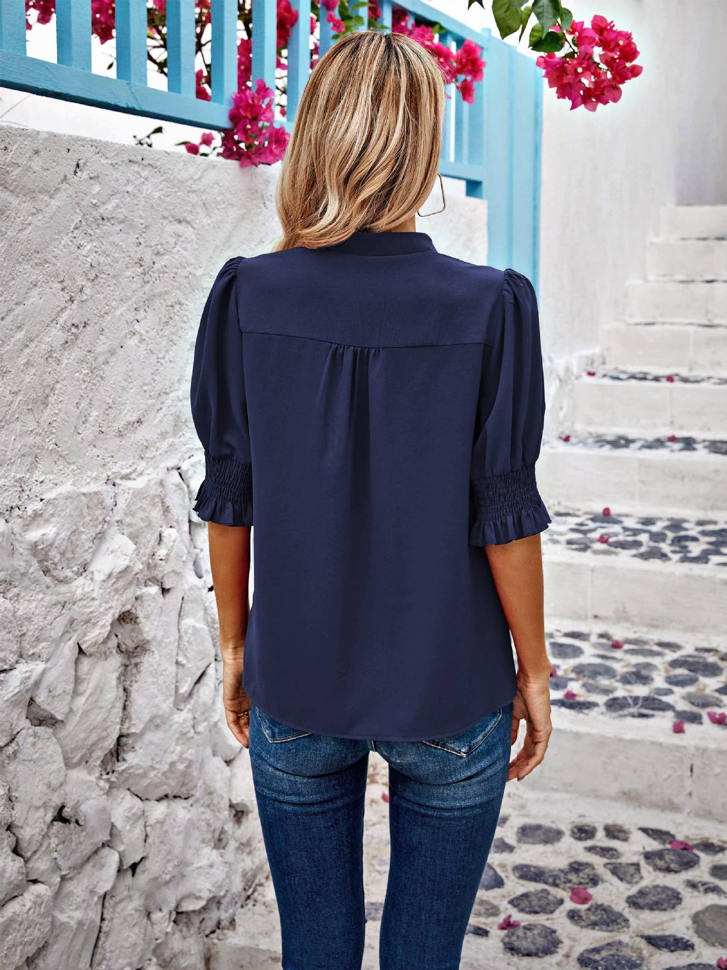 Half Sleeve Pleated V Neck Blouse SZ1-TP7021