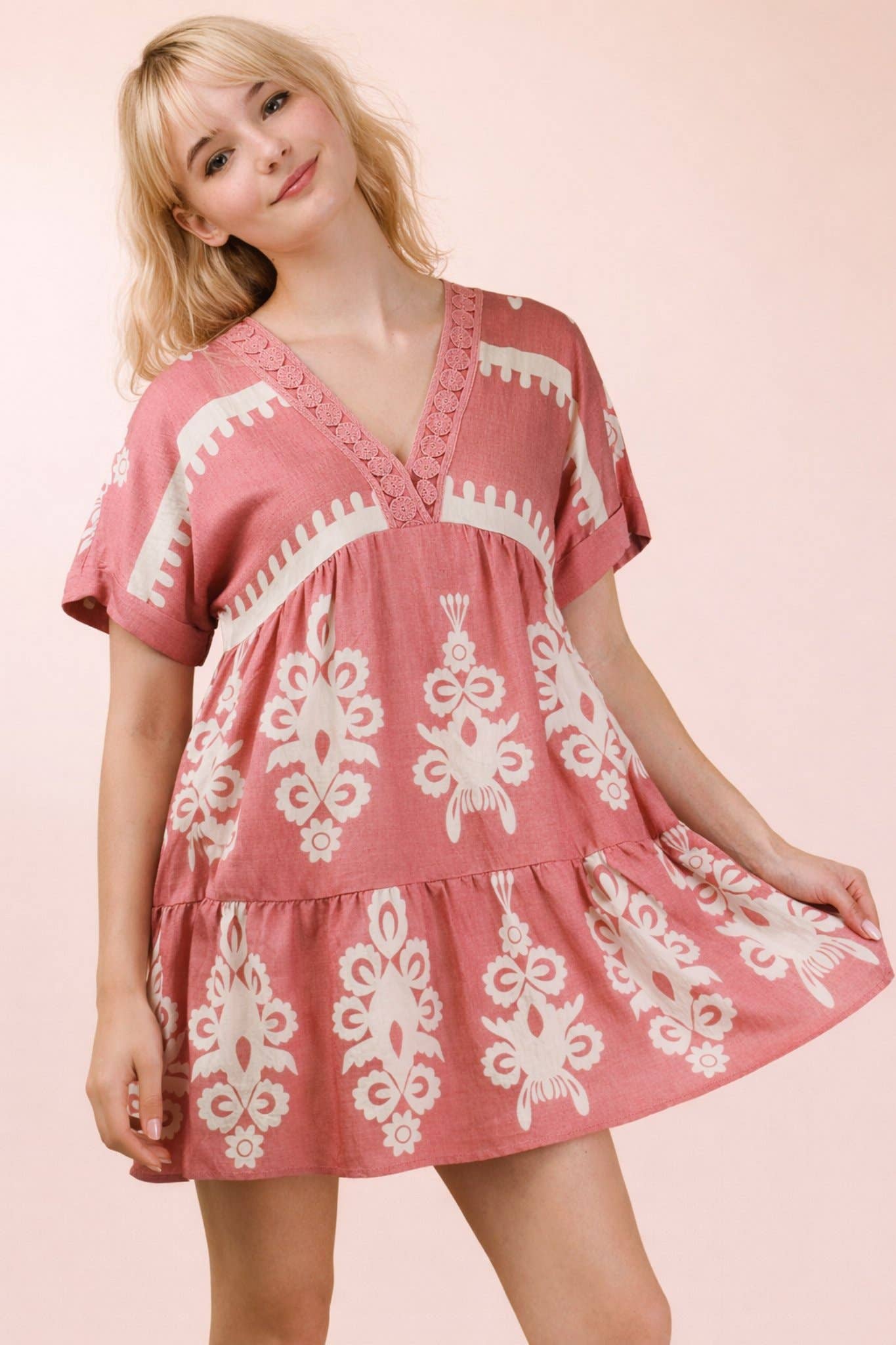ND31592-Printed V-Neck Woven Mini Dress