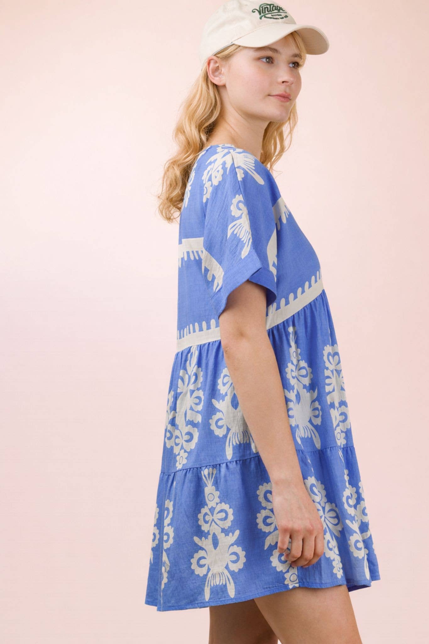 ND31592-Printed V-Neck Woven Mini Dress
