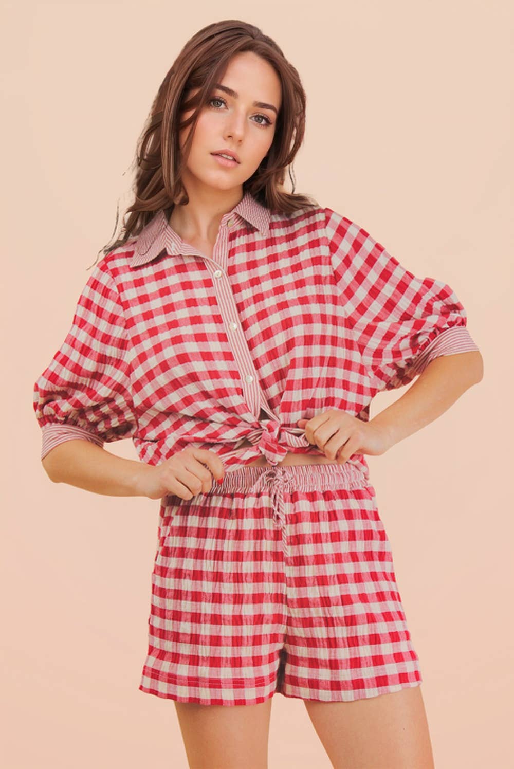 NT12452SET-Checkered Shirt Top & Shorts Set