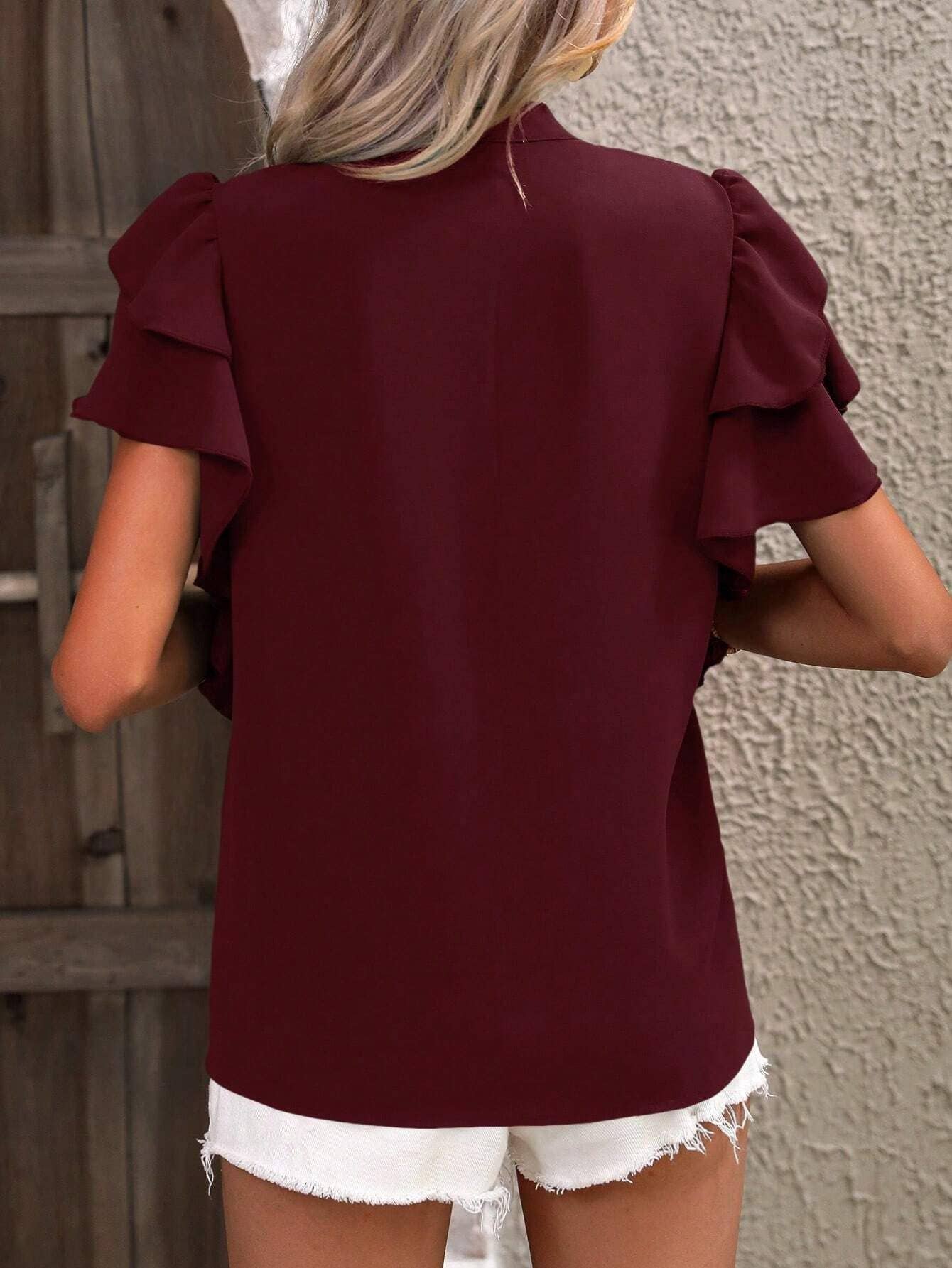 V-Neck Double-Layer Lotus Leaf Sleeve Solid Color Casual Top