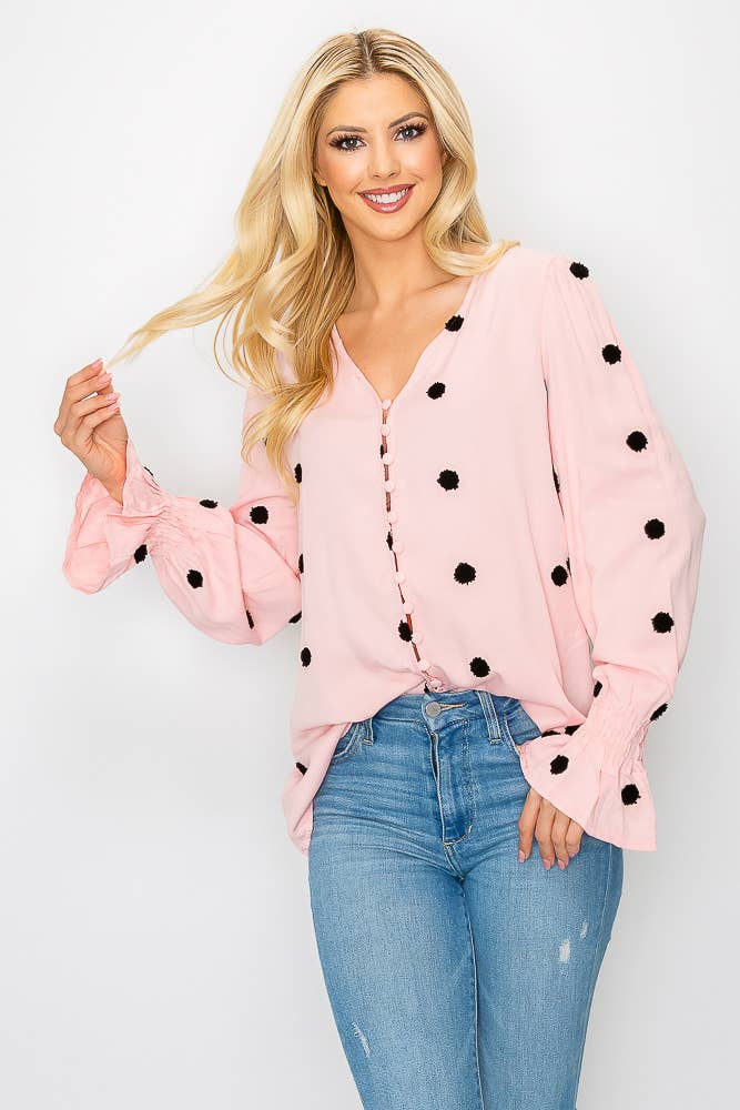 SZ1-TP3171 Pom Detail Button Long Sleeve Blouse