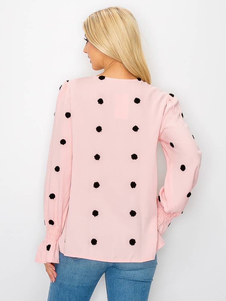 SZ1-TP3171 Pom Detail Button Long Sleeve Blouse