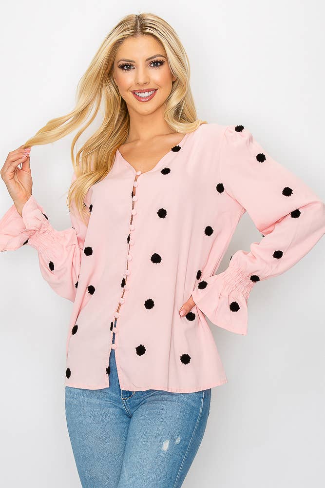 SZ1-TP3171 Pom Detail Button Long Sleeve Blouse
