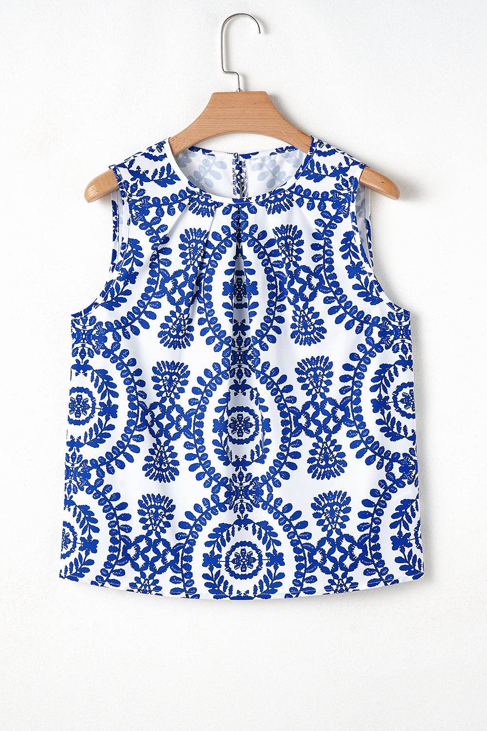 Blue White Vintage Print Pintuck Sleeveless Tank Top