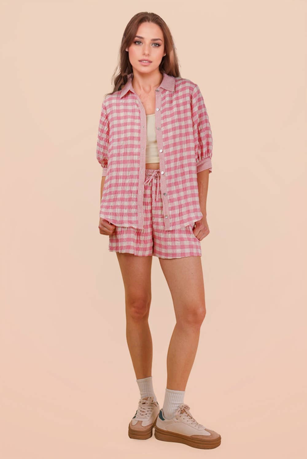 NT12452SET-Checkered Shirt Top & Shorts Set