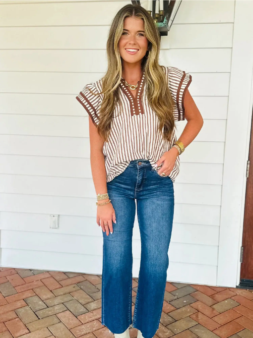 Khaki Stripe V Neck Ruffle Sleeve Summer Blouse