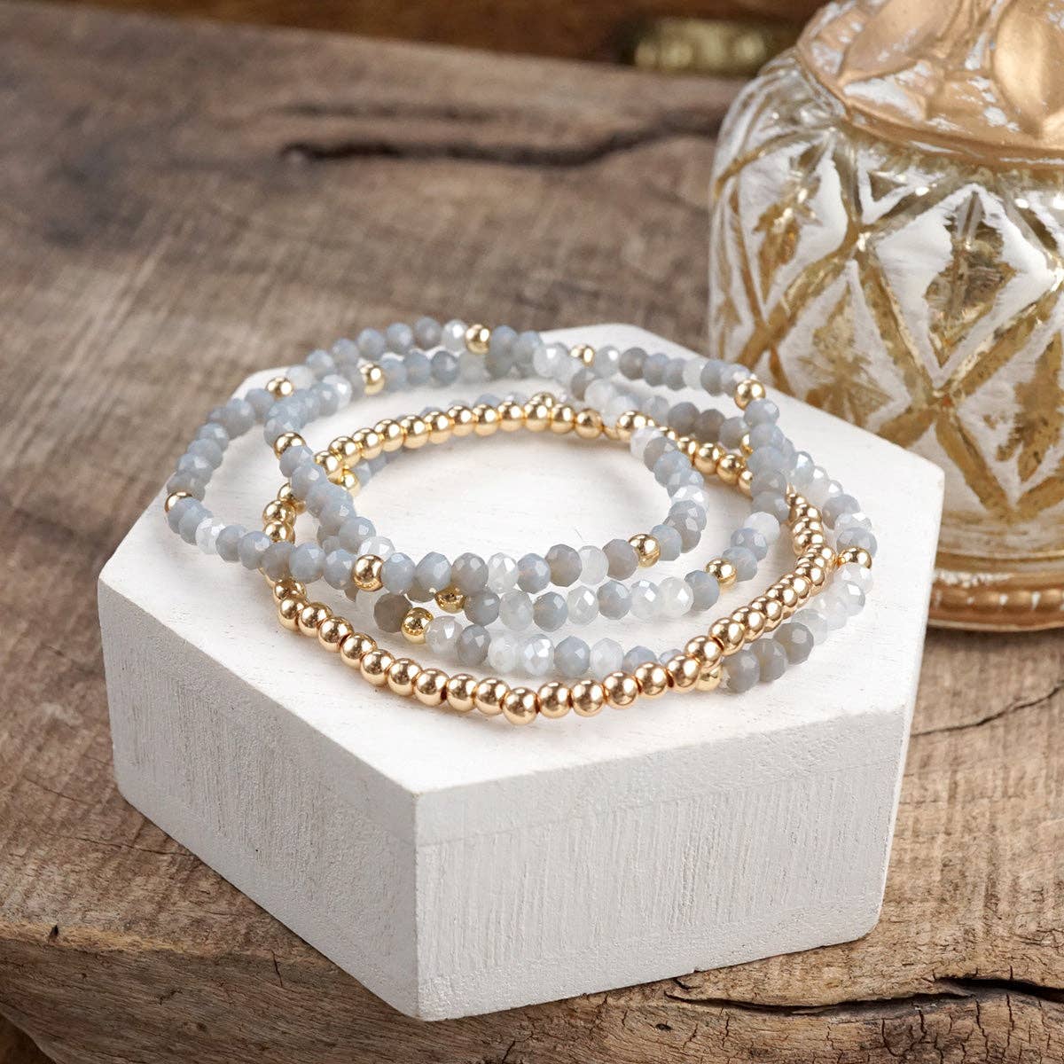 Glass Gleam – Set of 4 Faceted Glass & Gold Bead Stretch Bracelets