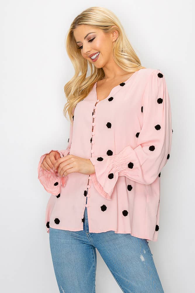 SZ1-TP3171 Pom Detail Button Long Sleeve Blouse
