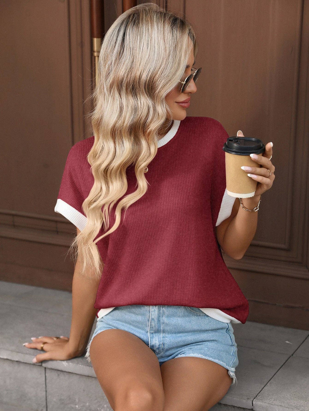 Womens Contrast Trim Knit Tee Casual Crew Neck Top