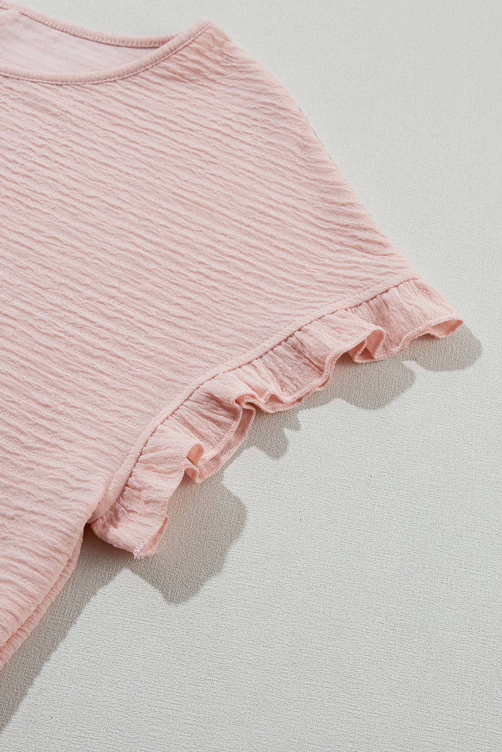 Light Pink Textured Ruffle Sleeve Crew Neck Blouse