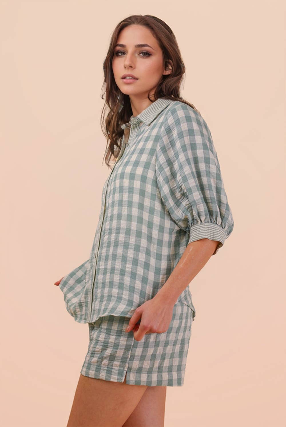 NT12452SET-Checkered Shirt Top & Shorts Set