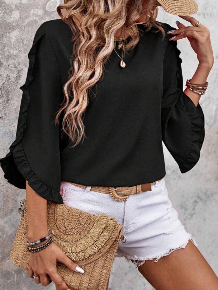 Summer Solid Ruffle Loose Fit Sleeve Shirt