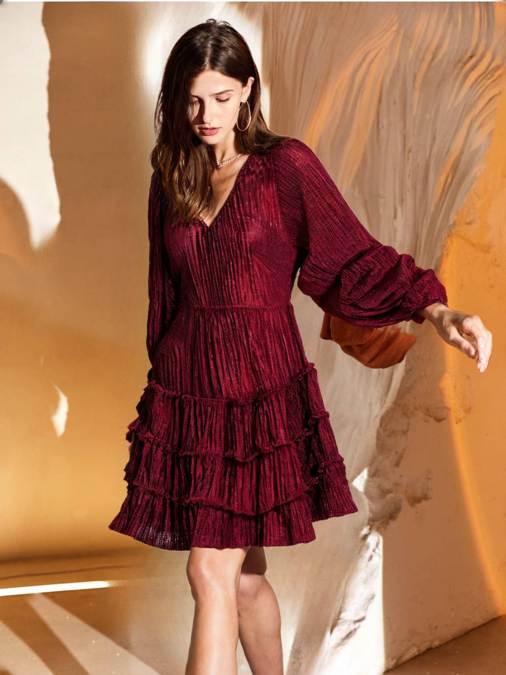ND31004-Deep V-neck Textured Velvet Holiday Mini Dress