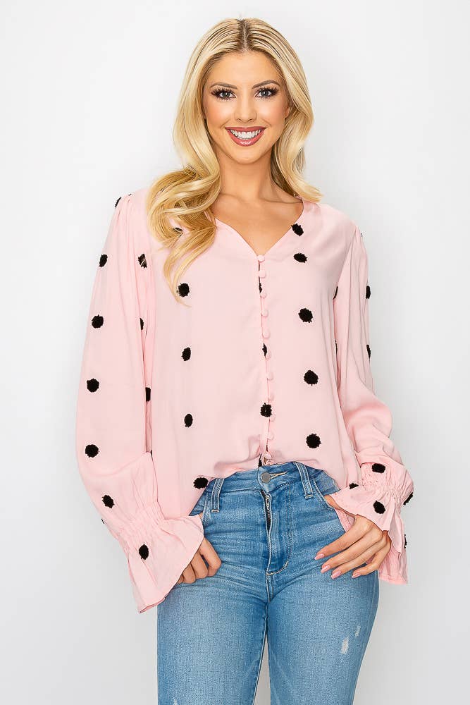 SZ1-TP3171 Pom Detail Button Long Sleeve Blouse