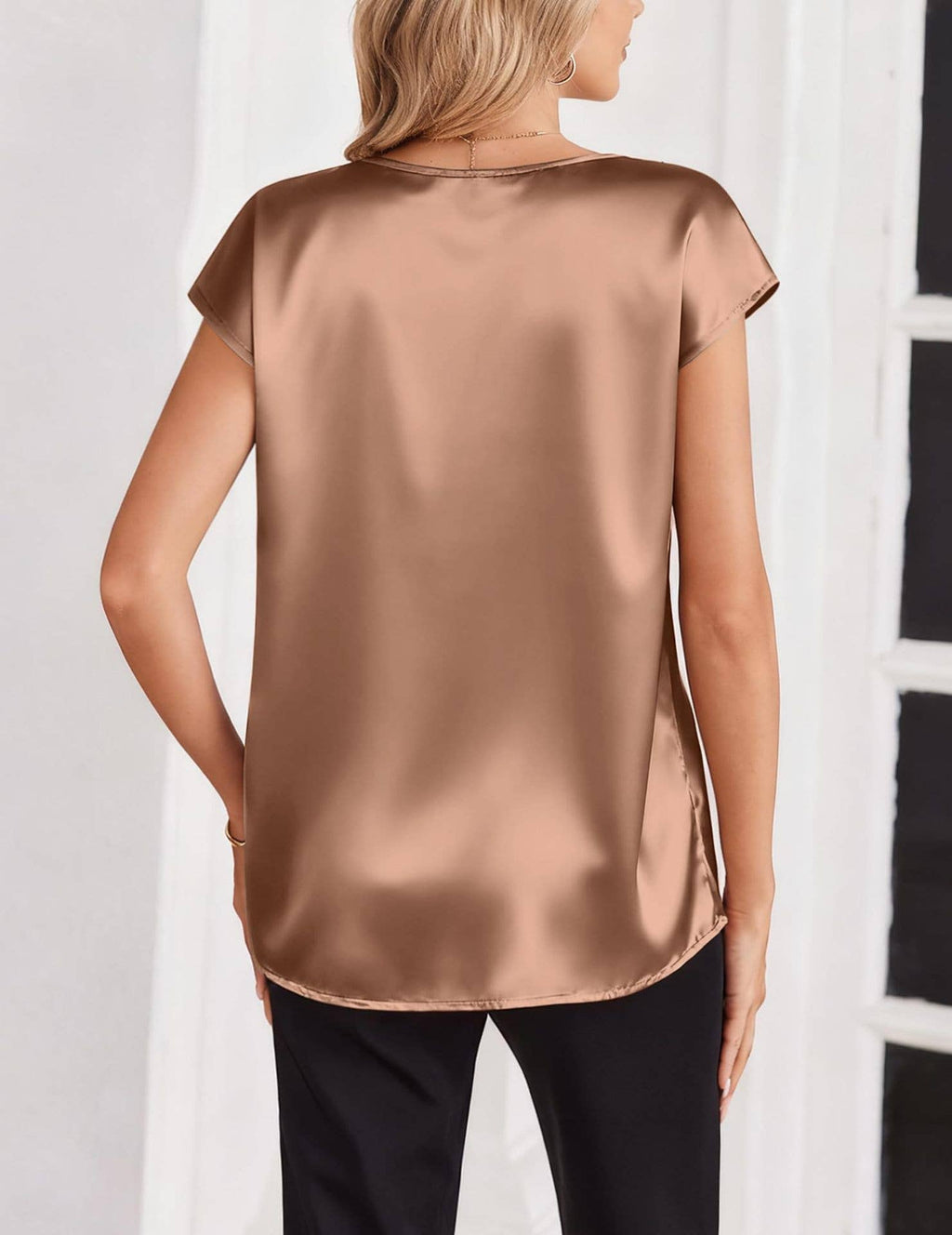 V Neck Short Sleeve Satin Blouse with Relaxed Fit