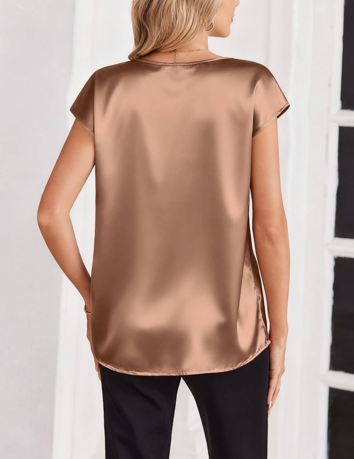 V Neck Short Sleeve Satin Blouse with Relaxed Fit