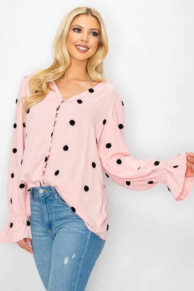 SZ1-TP3171 Pom Detail Button Long Sleeve Blouse