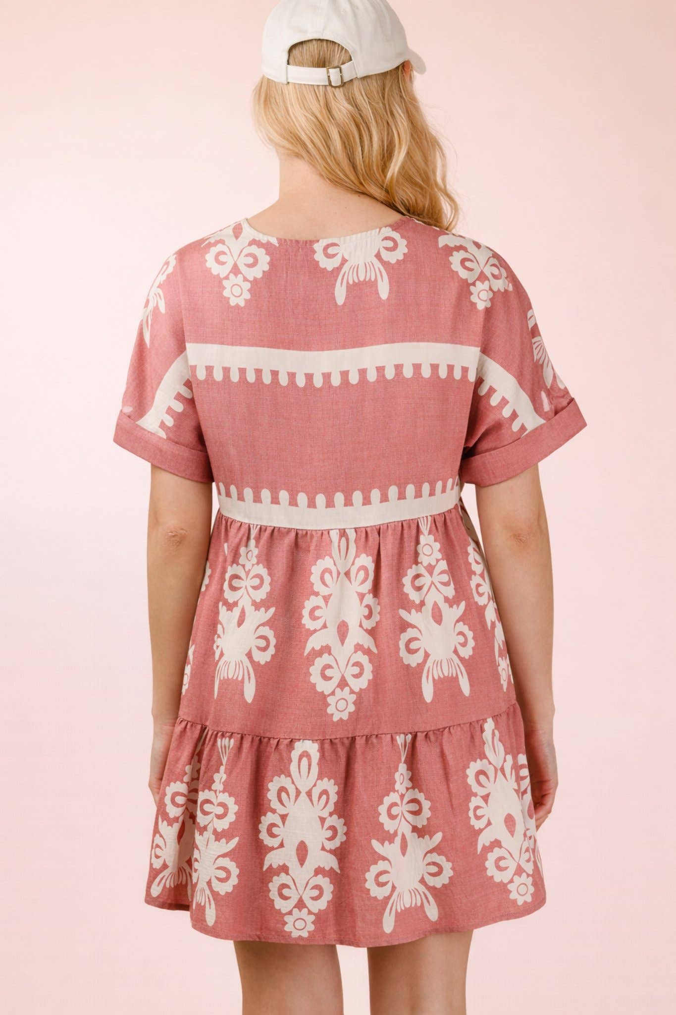 ND31592-Printed V-Neck Woven Mini Dress
