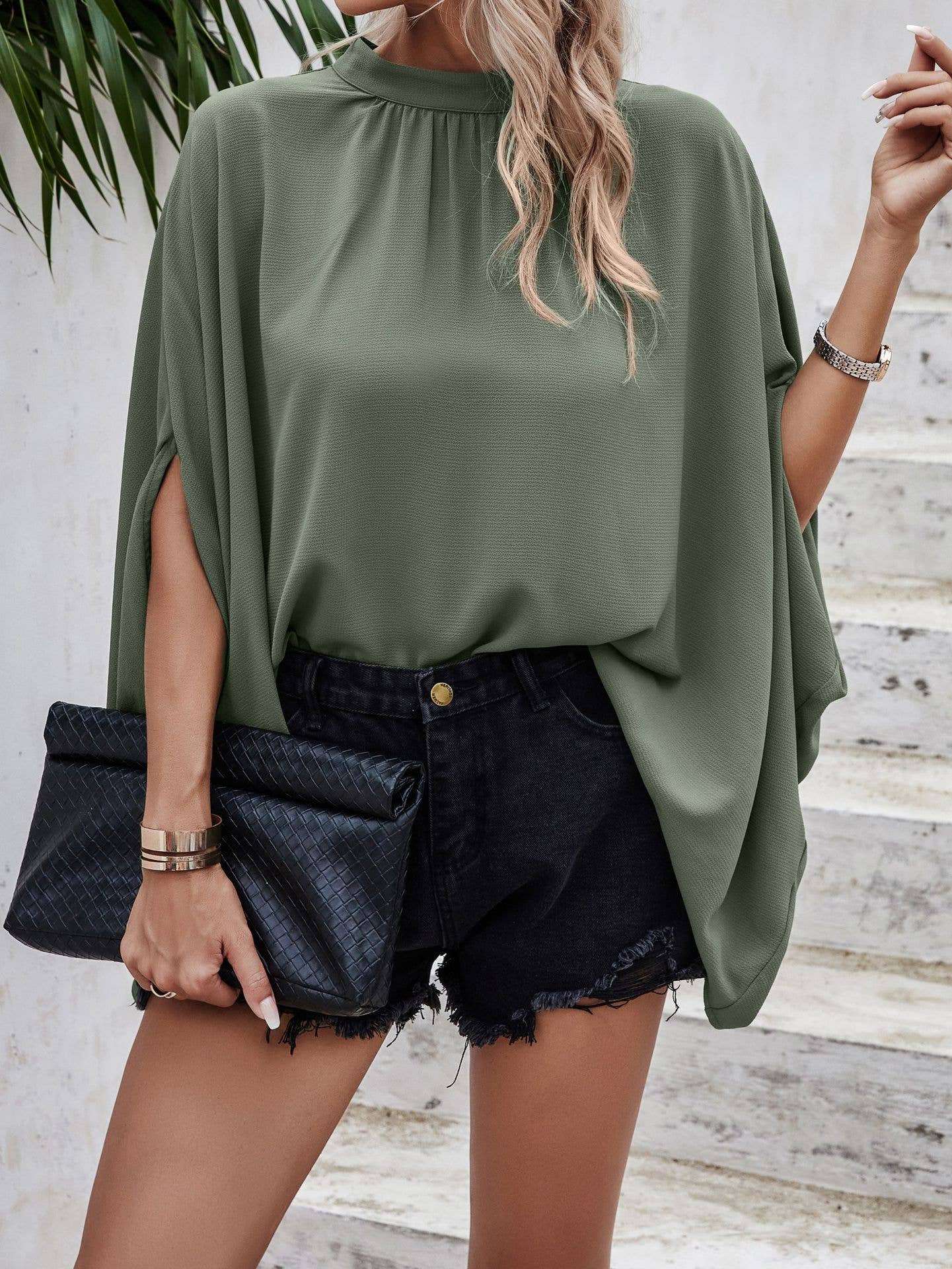 SZ1-TP8289 Textured Mock Neck Bat Wing Sleeve Blouse
