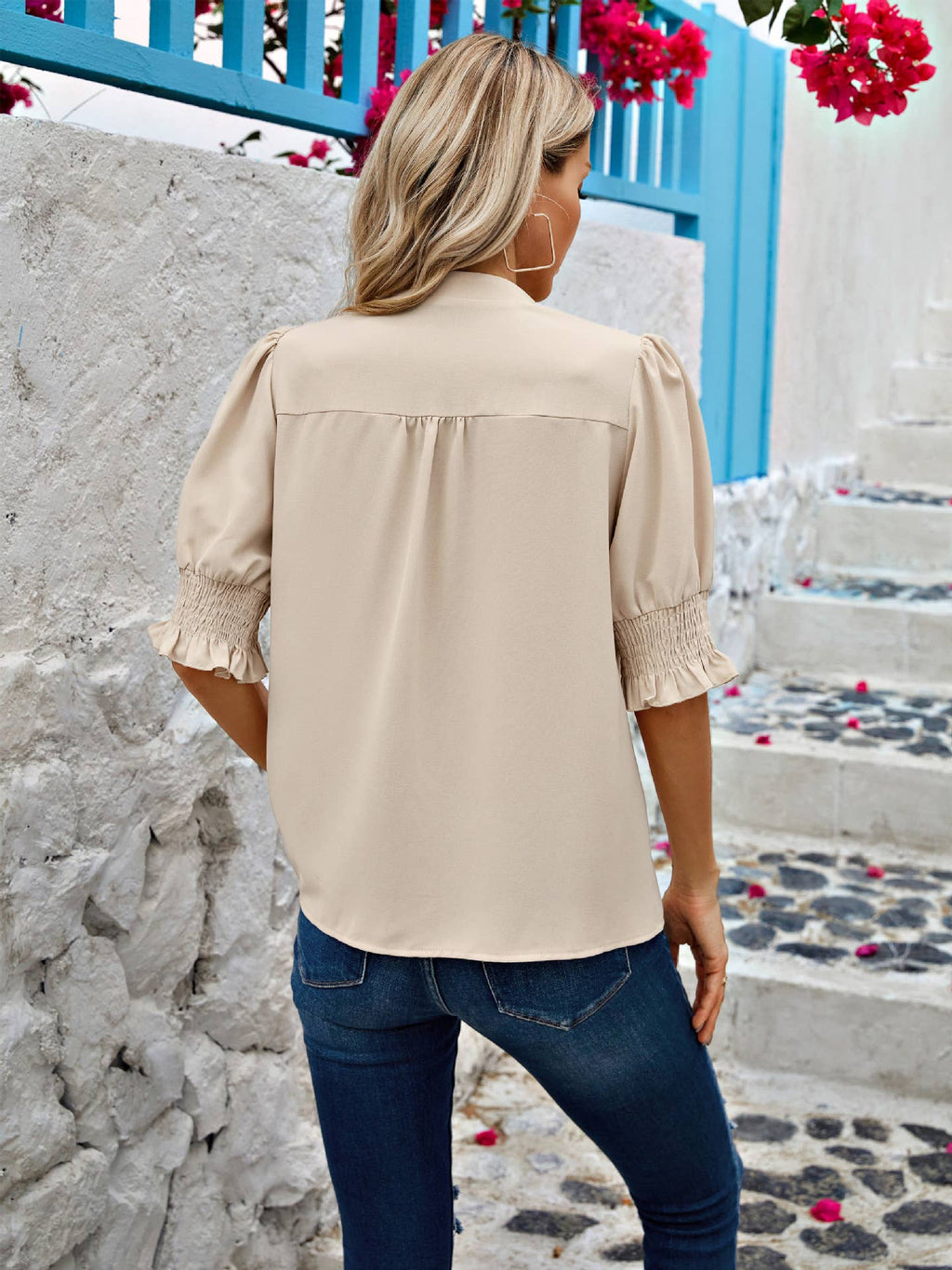 Half Sleeve Pleated V Neck Blouse SZ1-TP7021