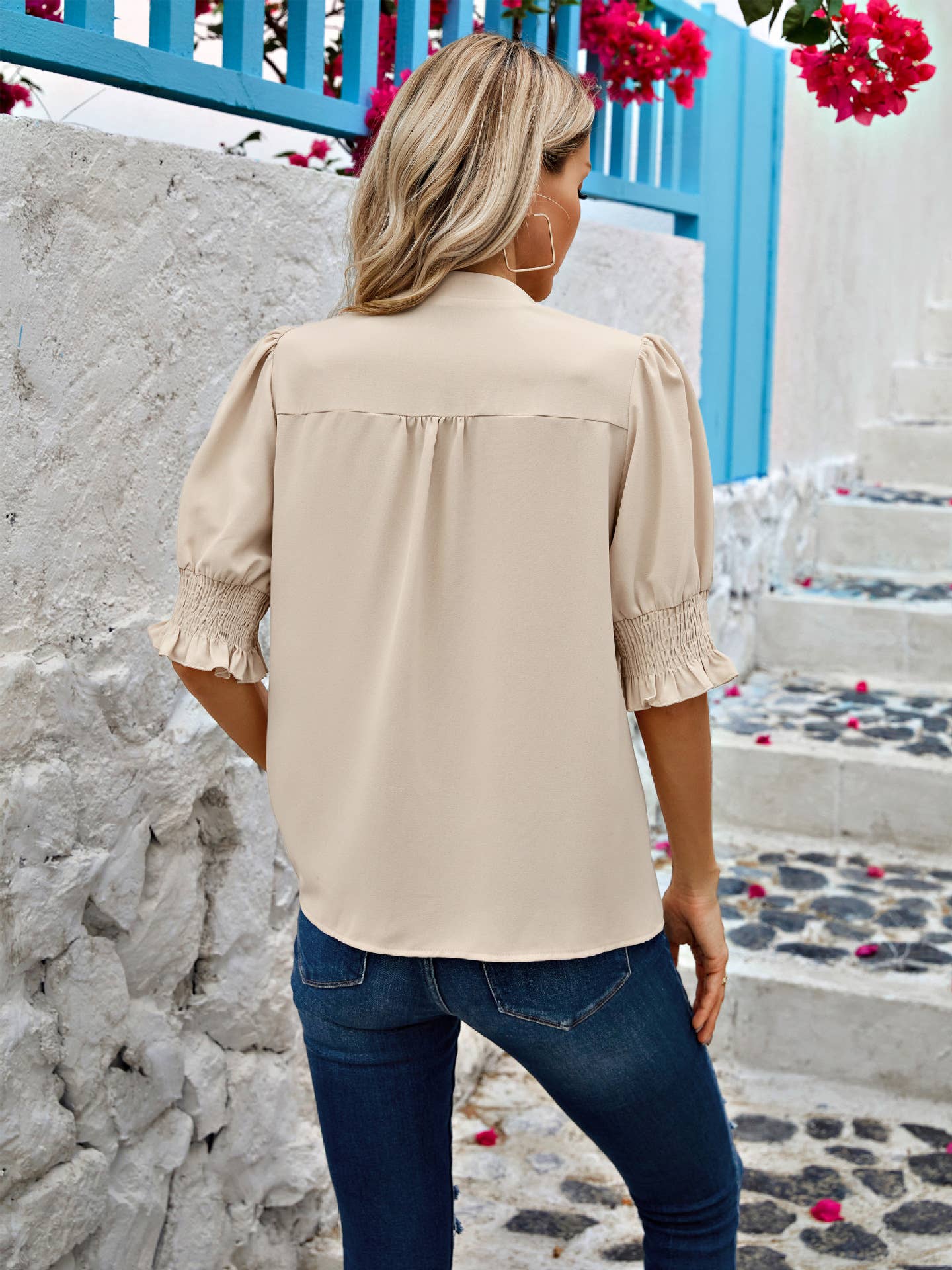 Half Sleeve Pleated V Neck Blouse SZ1-TP7021