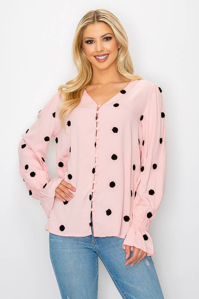 SZ1-TP3171 Pom Detail Button Long Sleeve Blouse