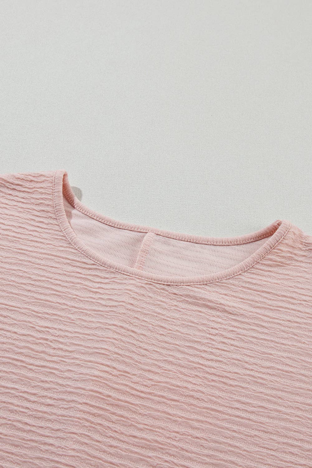 Light Pink Textured Ruffle Sleeve Crew Neck Blouse