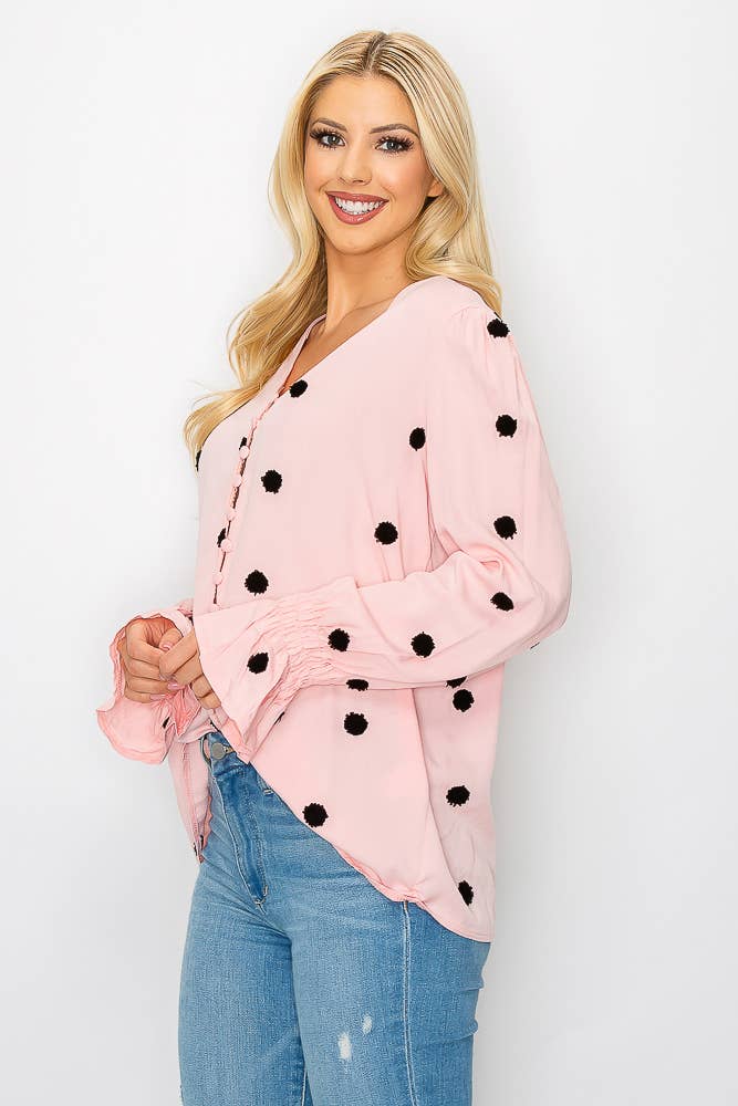 SZ1-TP3171 Pom Detail Button Long Sleeve Blouse