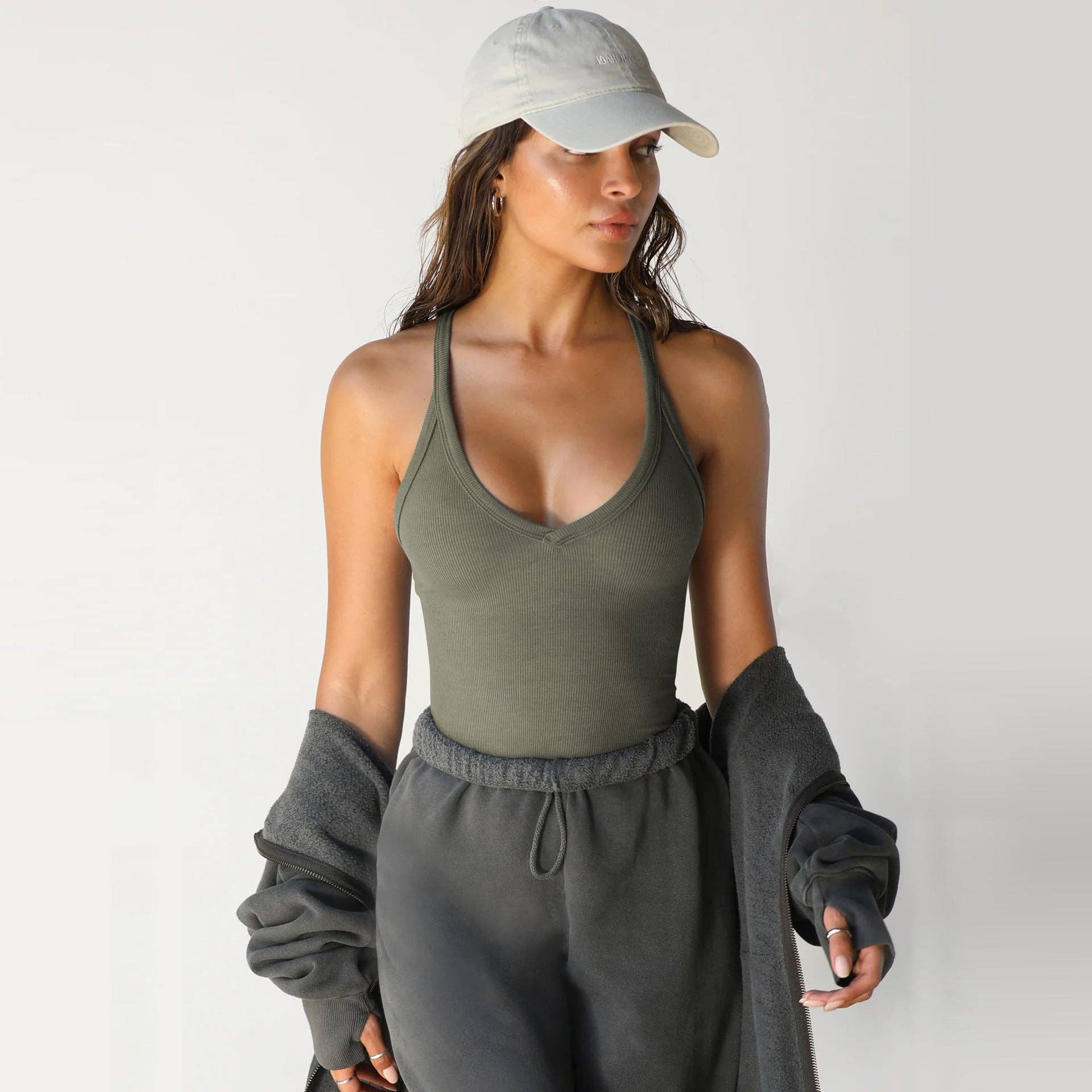 Ribbed Halter Tank Top Slim Fit Sleeveless Basic