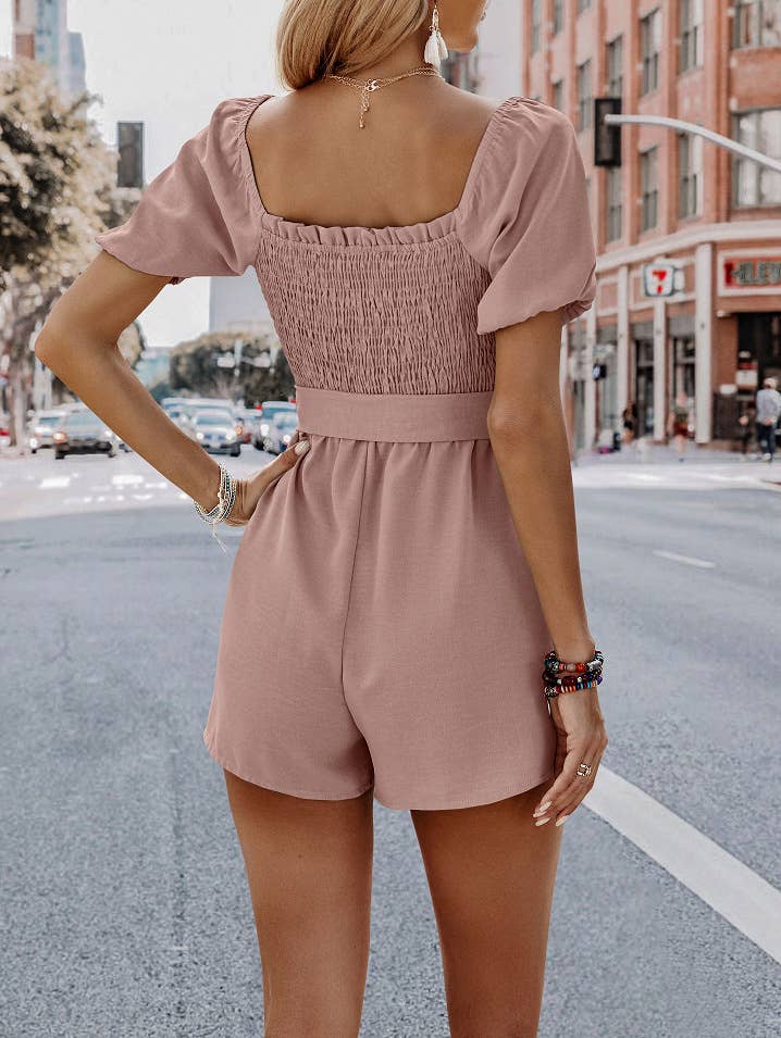SZ1-R6026 Smocked Square Neck Waist Tie Romper