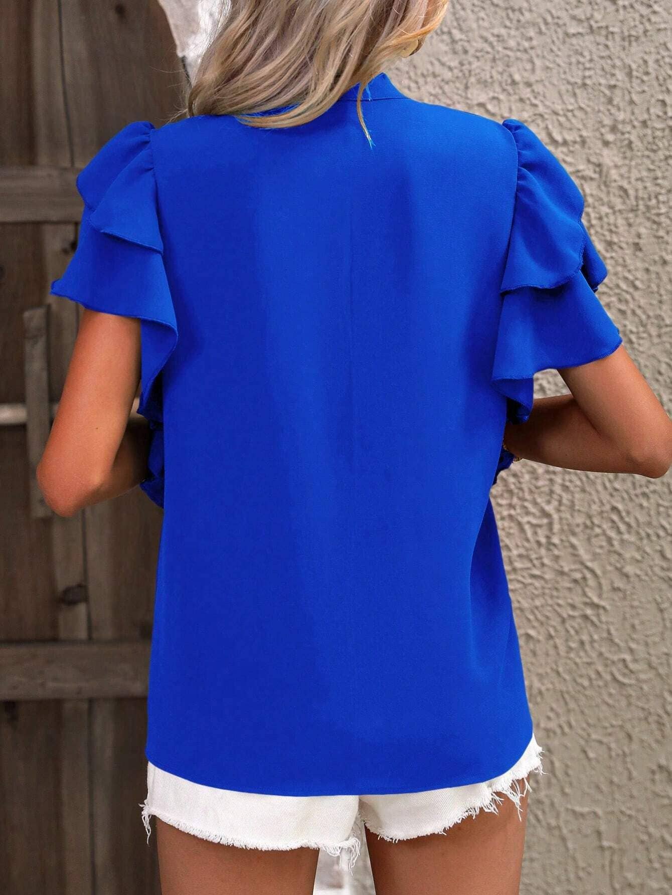 V-Neck Double-Layer Lotus Leaf Sleeve Solid Color Casual Top