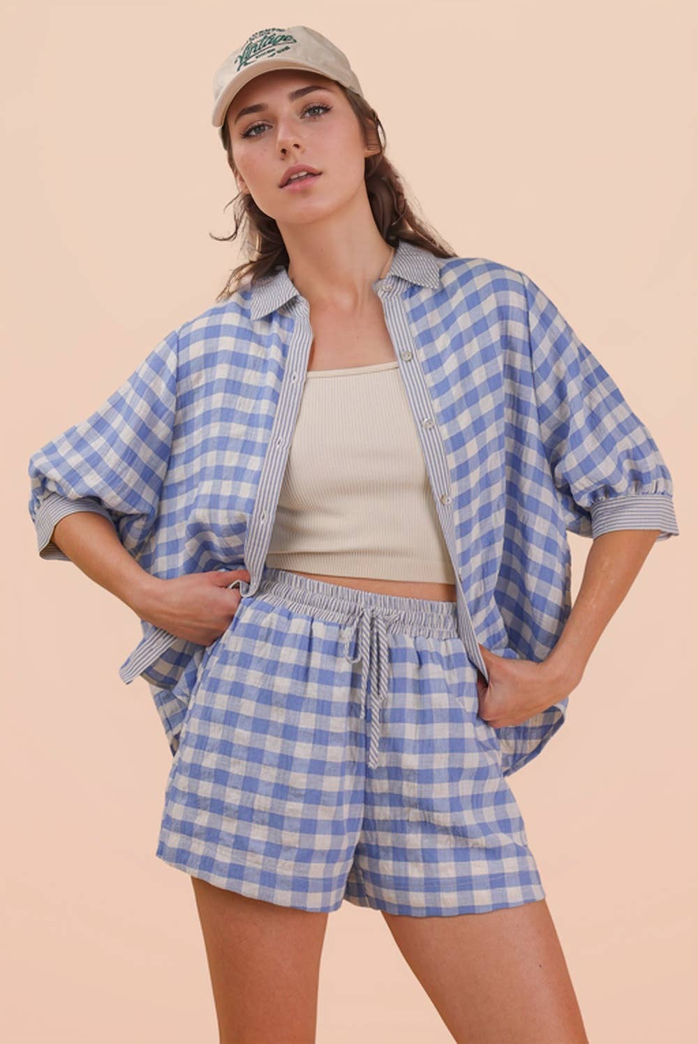 NT12452SET-Checkered Shirt Top & Shorts Set