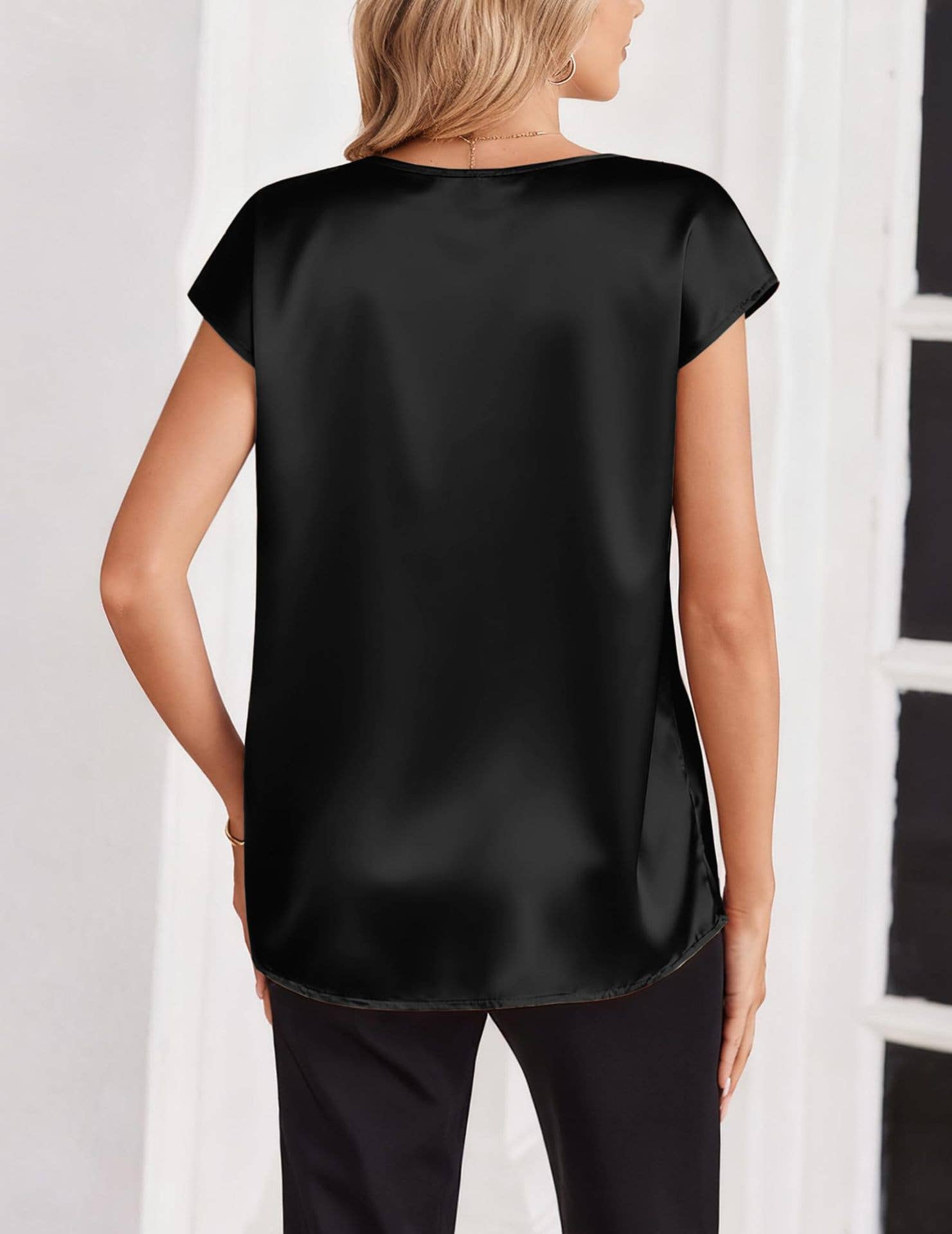 V Neck Short Sleeve Satin Blouse with Relaxed Fit