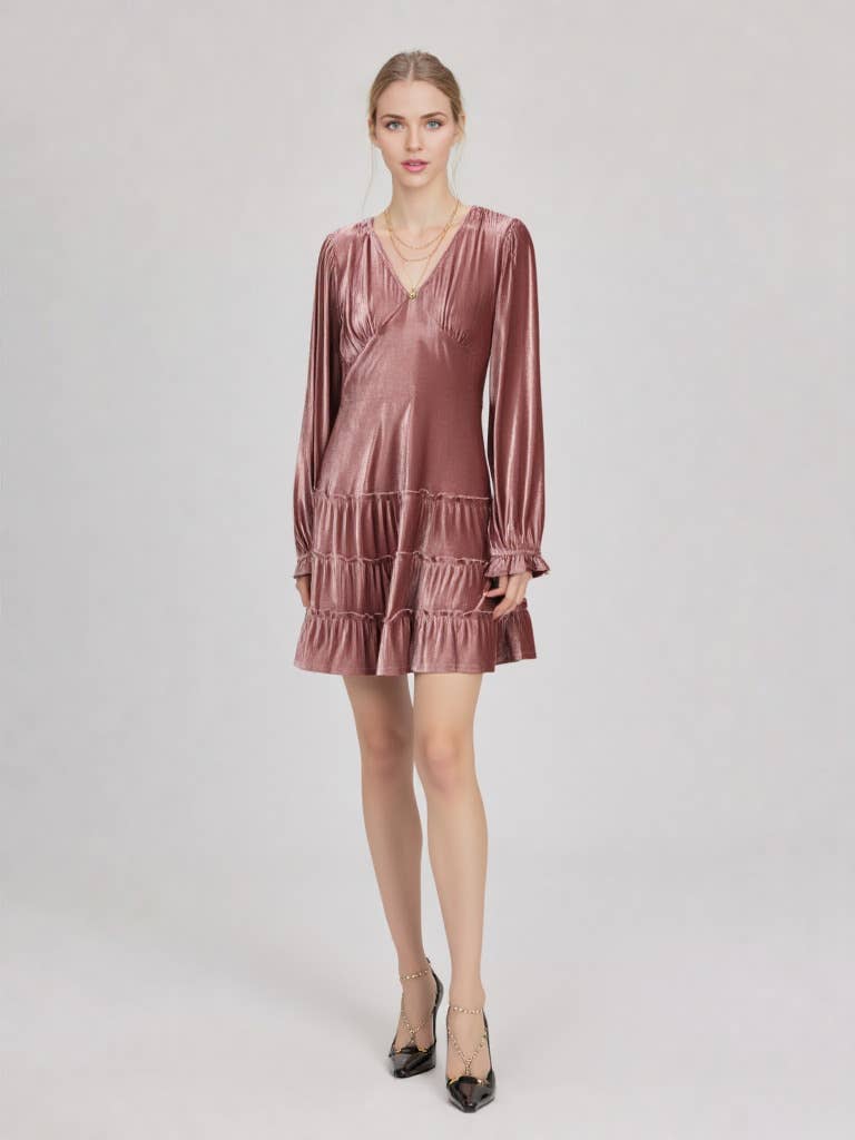 ND31004-Deep V-neck Textured Velvet Holiday Mini Dress
