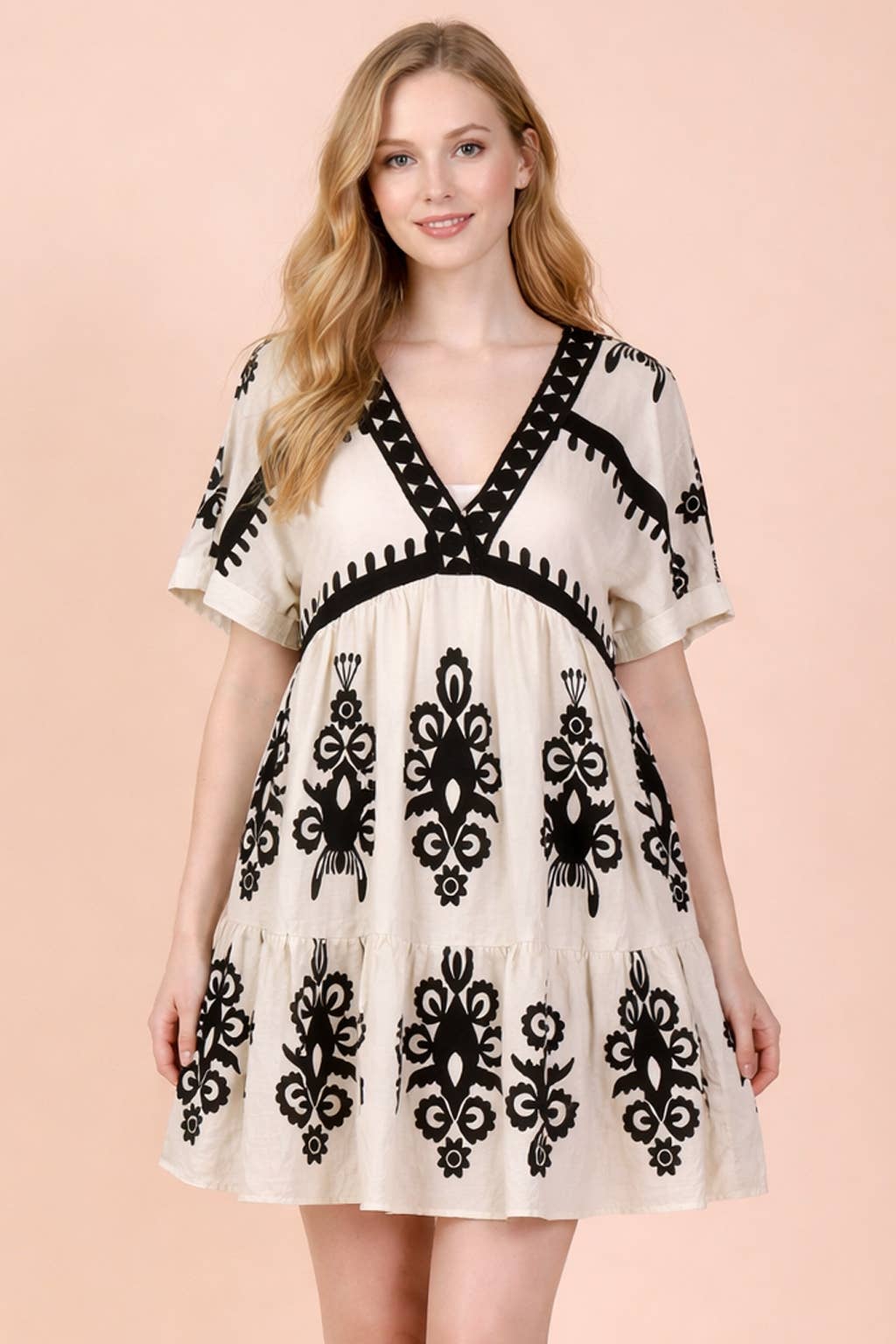 ND31592-Printed V-Neck Woven Mini Dress
